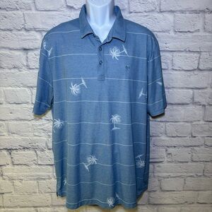 Travis Mathew Polo Shirt Men's XXL Blue Tropical Print Striped Golf Short Sleeve